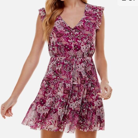 City Studio Dresses & Skirts - City Studio Juniors' WINE Paisley Floral Mesh Fit & Flare Mini Dress L Nwt